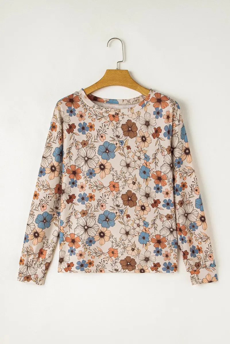 Khaki Floral Print Loose Crew Neck Long Sleeve T Shirt Fashion - Love Salve